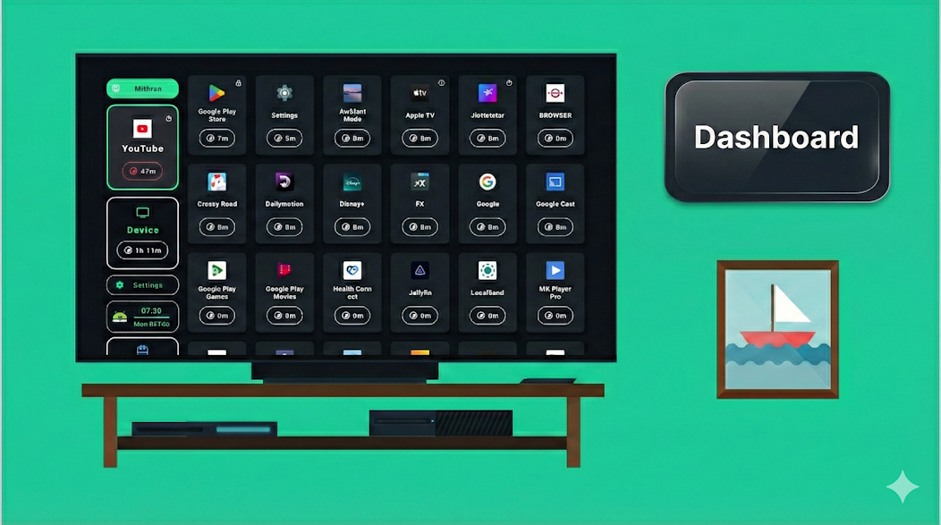 tvusage dashboard showing family screen-time profiles on a TV