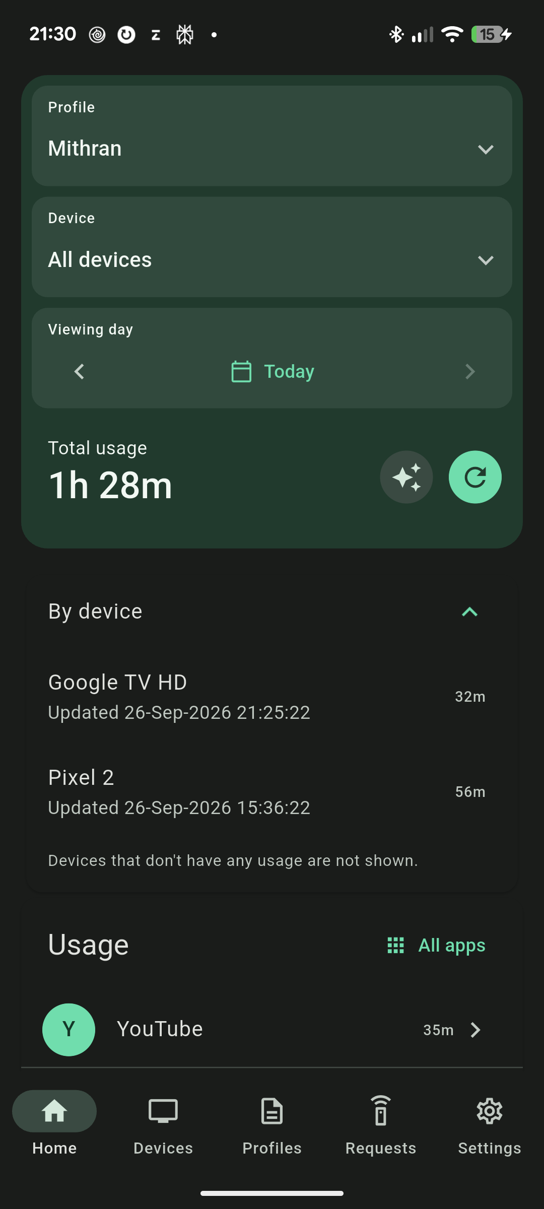 tvusage Remote showing a child profile and usage across TV and phone